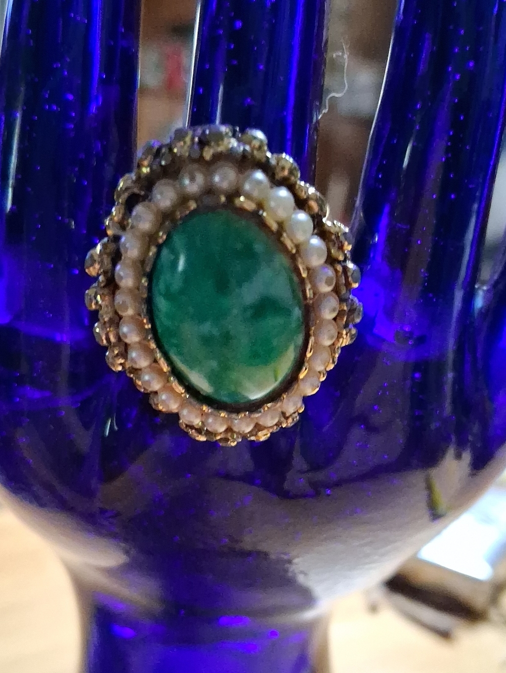 Green Stone and Pearl Halo Cocktail Ring - Women Jewelry
